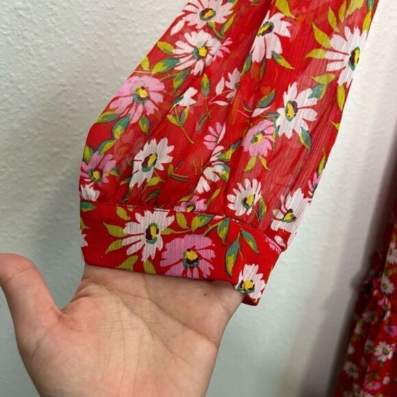 Draper James RSVP Women’s Red Floral Long Sleeve V Neck Midi Dress Size L - Picture 4 of 15